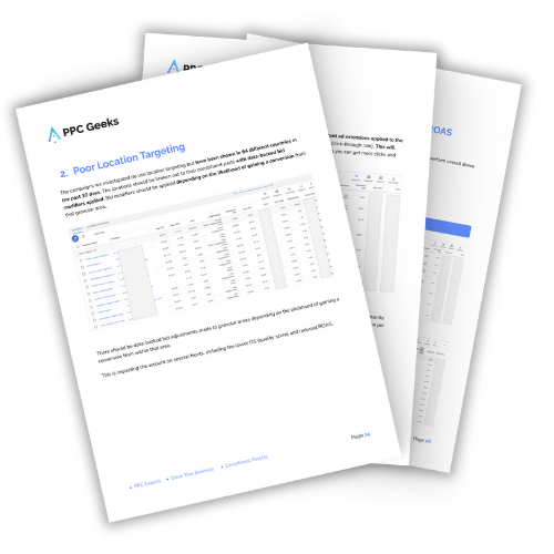 An open audit document with the title Poor Location Targeting. The page features a detailed table outlining location targeting performance metrics for Bing Ads campaigns, highlighting inefficiencies in current targeting strategies.