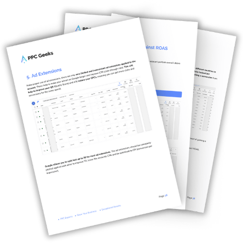 Open pages from a Google Ads audit document featuring a section titled Ad Extensions. The page includes a performance table that provides data on the usage and effectiveness of ad extensions in Google Ads campaigns.