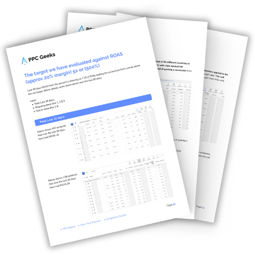 Open pages from a Google Ads audit document focusing on evaluating ROAS (Return on Ad Spend) against a target of 5x or 500% with a 20% margin. The page includes tables displaying performance data for the last 7 and 28 days.