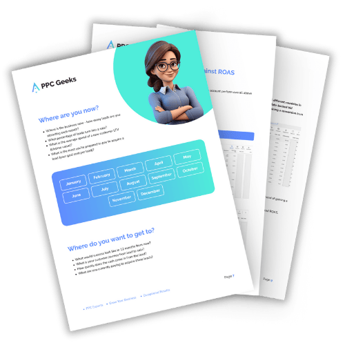 An open audit document with a friendly female cartoon character. The page asks Where are you now? featuring a selection of months to help track the progress of a Google Ads campaign. Additional data and graphs are visible in the background, suggesting detailed analysis.