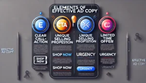 An image illustrating the elements of effective ad copy, divided into three sections: a bold call-to-action button, a highlighted product with a unique selling proposition, and an urgent phrase like "Limited Time Offer" to prompt quick action.