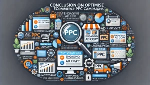 An image summarising how to optimise eCommerce PPC campaigns, featuring visuals of keyword selection, ad copy creation, user-friendly landing pages, and performance monitoring with charts and graphs.