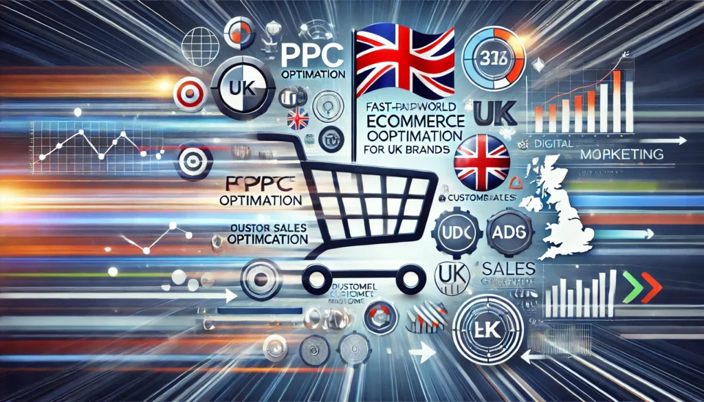 An image showing the fast-paced nature of eCommerce PPC optimisation for UK brands, with visuals including a shopping cart, digital marketing icons, graphs, and UK branding elements like a flag or map outline.