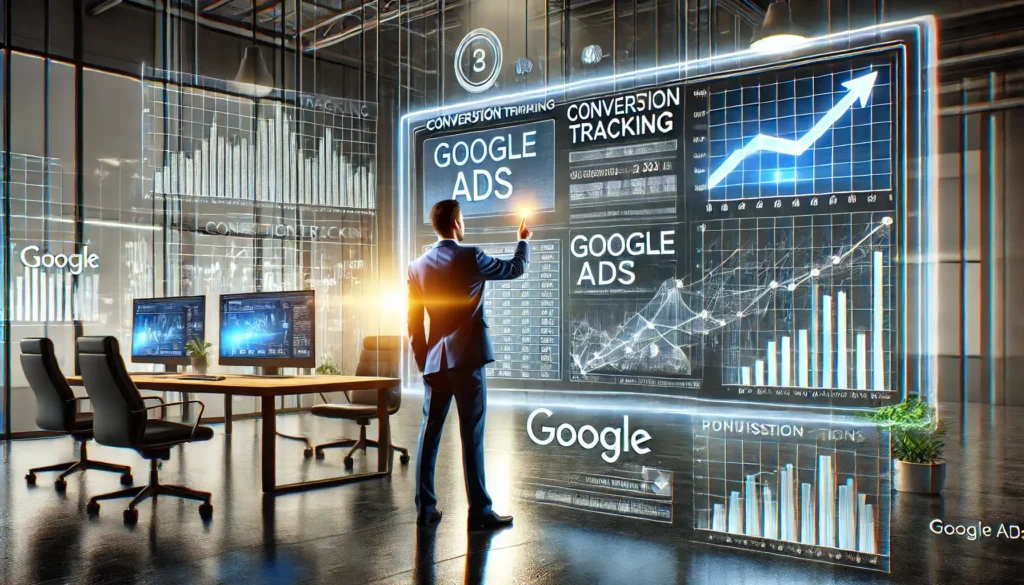 A digital marketing professional reviews conversion tracking data on a large screen, showcasing Google Ads metrics in a modern office environment. Conversion tracking is key to optimising campaigns.