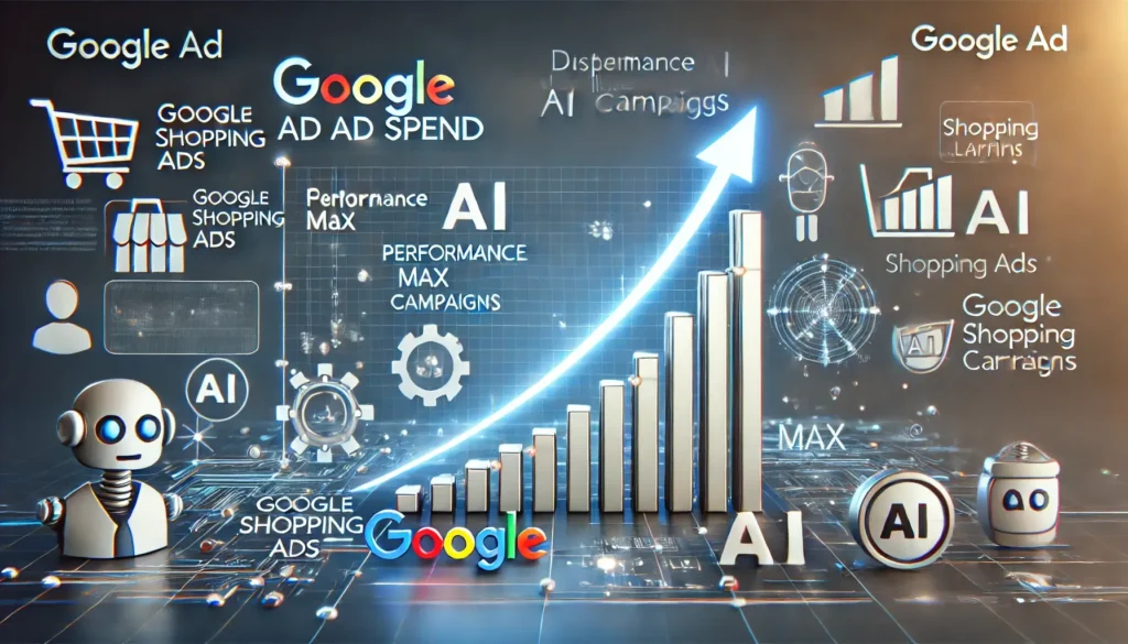 Illustration showing the growth of Google ad spend in response to AI advancements, with icons representing Google Shopping Ads, Performance Max campaigns, and major retailers.