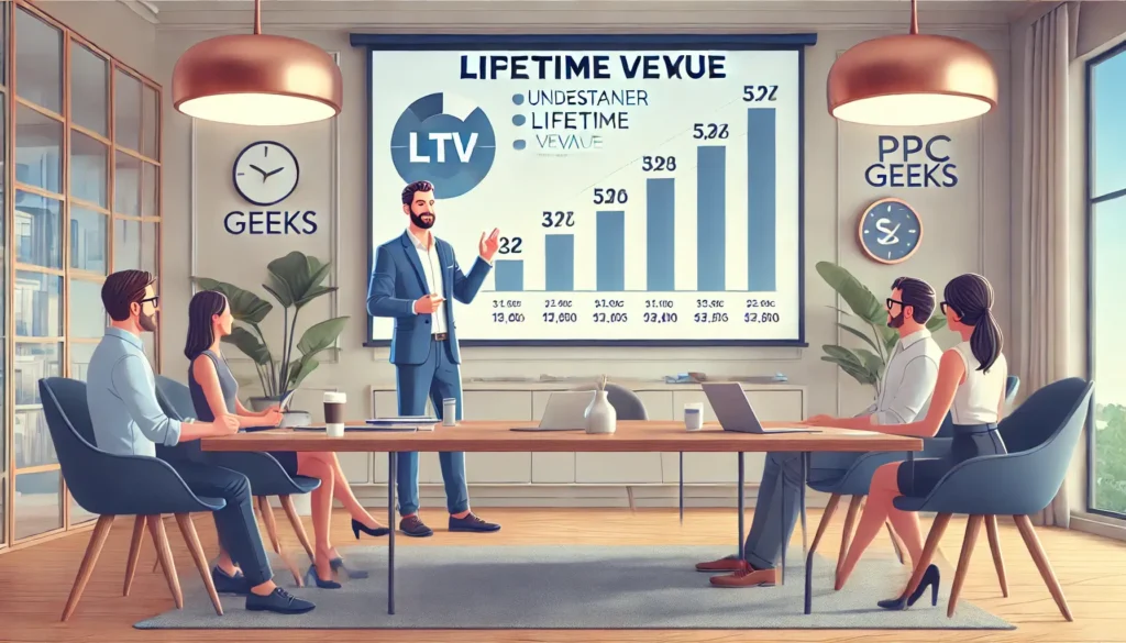 Dan from PPC Geeks presenting on Lifetime Value in a modern office setting, explaining how understanding customer revenue growth can impact marketing strategies.