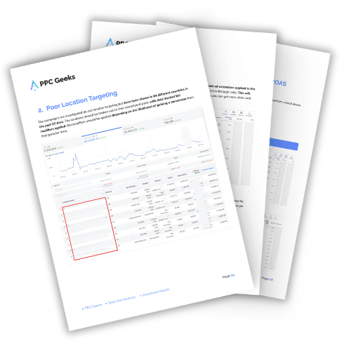 An open audit document featuring a section titled Poor Location Targeting. The page displays a graph and a table outlining location targeting performance data for Facebook Ads campaigns, highlighting inefficiencies in the current targeting strategy.