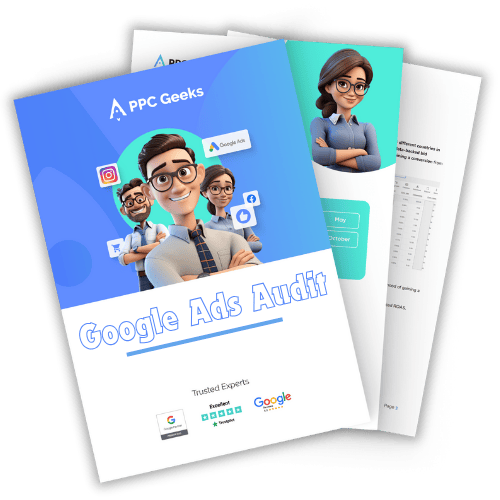 A cover page for a Google Ads audit document featuring cartoon characters of marketing professionals. The design includes icons for Google Ads, Instagram, and other platforms, emphasising the multi-channel expertise of the team. The title Google Ads Audit is prominently displayed with trusted expert certifications from Google Partner and other review platforms.