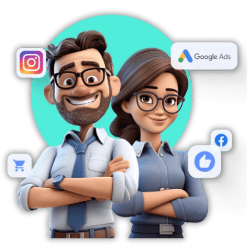 Two cartoon professionals, a man and a woman, stand confidently with arms crossed. Surrounding them are icons representing digital marketing platforms such as Google Ads, Instagram, Facebook, and e-commerce, indicating their expertise in managing and optimising multi-channel campaigns.