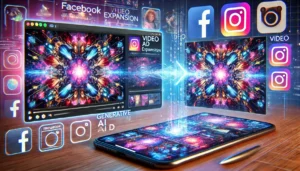 Generative AI Video Advertising Tools showcased within Facebook and Instagram interfaces, featuring video expansion and image animation for enhanced digital advertising.