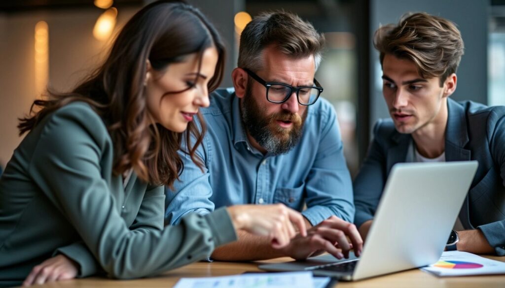 A marketing team reviews data on a laptop as part of their Google Ads Audits for UK Brands, collaborating to optimise campaign strategies for better performance.