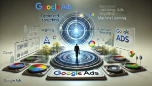 A modern interface symbolizing the transition from Google AdWords to Google Ads, highlighting a user-friendly design with tools like optimised targeting and automation through machine learning.