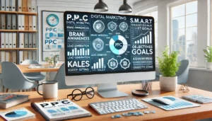 A digital marketing workspace focused on PPC optimisation, featuring a computer screen displaying PPC fundamentals like brand awareness, lead generation, and sales objectives, alongside S.M.A.R.T goal-setting notes.