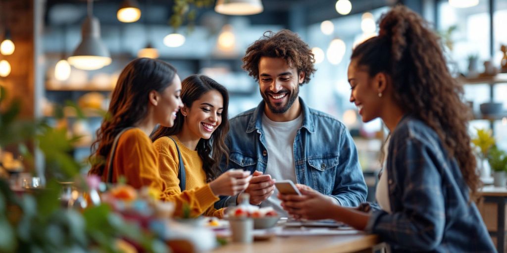 A group of young professionals enjoying a discussion about Customer Centric Marketing in a casual setting, highlighting the importance of understanding customer needs in marketing strategies.