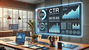 A digital marketing dashboard showing metrics like click-through rate (CTR) as vanity metrics alongside more valuable metrics like conversions and ROAS, highlighting the focus on money-making metrics in Google Ads.