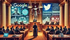  A courtroom scene showing the U.S. Department of Justice (DOJ) antitrust trial against Google, with both sides presenting their arguments about monopolistic practices in the digital advertising sector.