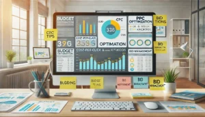 A digital marketing workspace with a focus on PPC optimisation, showcasing a budget dashboard displaying metrics like cost-per-click (CPC), campaign performance, and keyword spend allocation for strategic budget management.