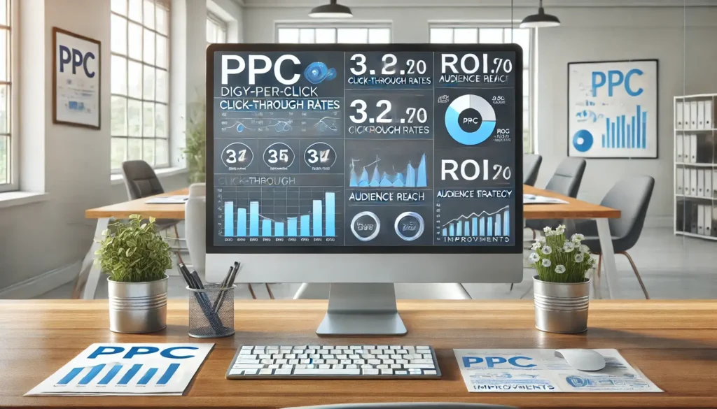 A digital marketing workspace focused on PPC optimisation, featuring a computer screen with PPC metrics like click-through rates, ROI, and audience reach, along with surrounding strategy notes.