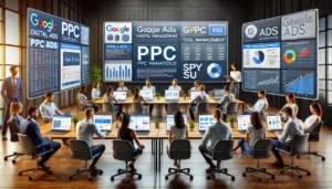 A team of digital marketers uses PPC management tools like Google Ads, WordStream, and SpyFu, enhancing their PPC campaign management efforts through data and analysis.