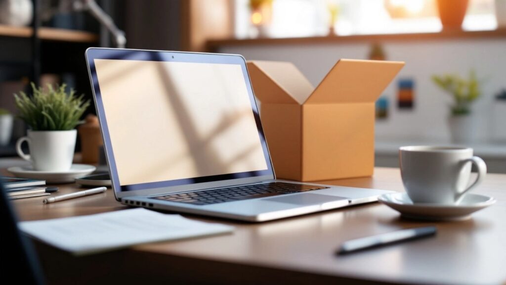 A laptop on a desk beside a coffee cup and a shipping box, representing when to consider a Google Ads audit for eCommerce businesses.