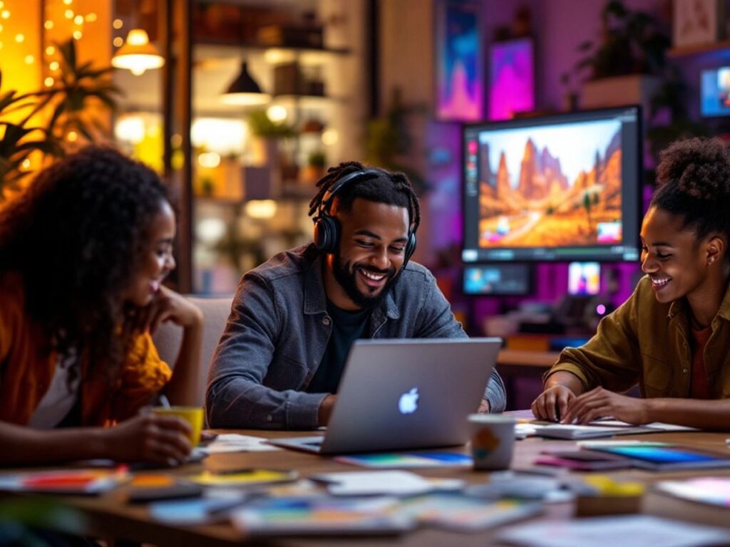 A creative team discussing Generative AI Video Advertising Tools while collaborating on a project, with vibrant visuals of digital content displayed on a screen in the background.