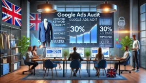 A UK marketing team reviews the successful results of Google Ads Audits for UK Brands, showcasing a 30% increase in click-through rate (CTR) for a retail clothing brand.