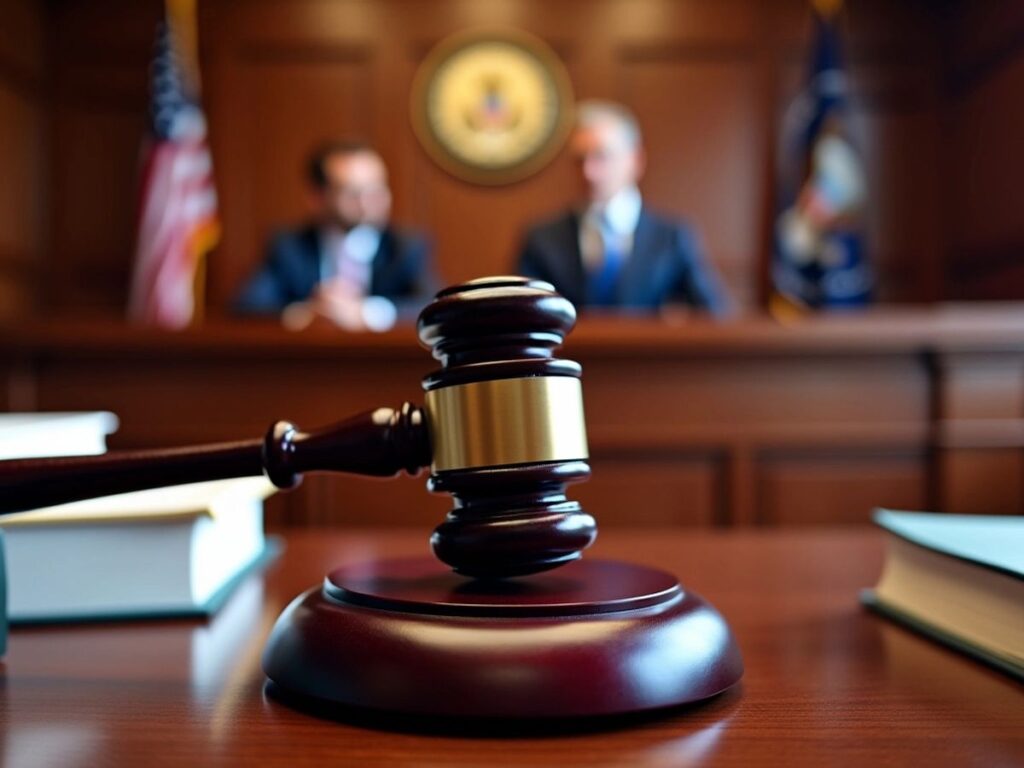 A close-up of a judge's gavel in a courtroom, representing the ongoing DOJ Antitrust trial with blurred figures of legal professionals in the background.