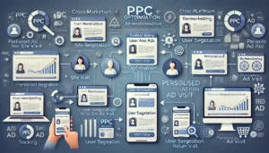 A digital marketing graphic showcasing PPC optimisation through remarketing, with ads displayed across various platforms and devices to reconnect with users.