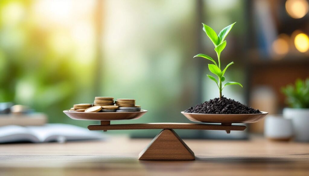 A balanced scale with coins and a plant.