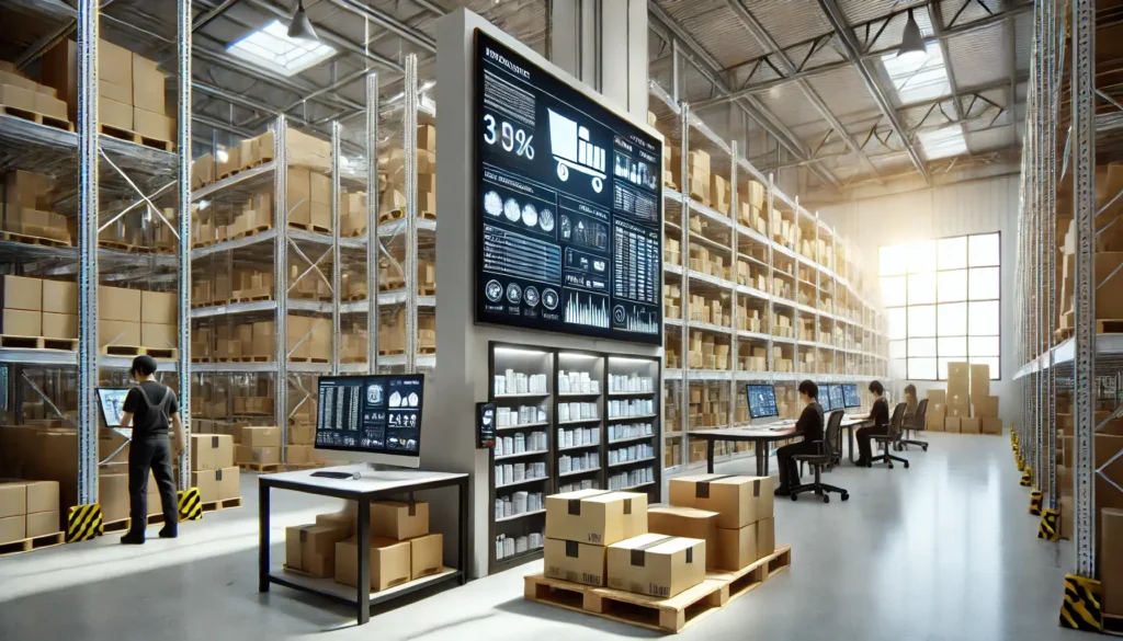 An organised warehouse for ecommerce showing modern shelving, packages, and digital screens displaying inventory and shipping data.