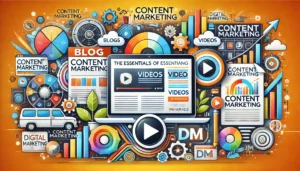 An informative digital marketing (DM) visual displaying essential types of content marketing, including blog posts, videos, and infographics, illustrating the variety of formats that engage audiences.