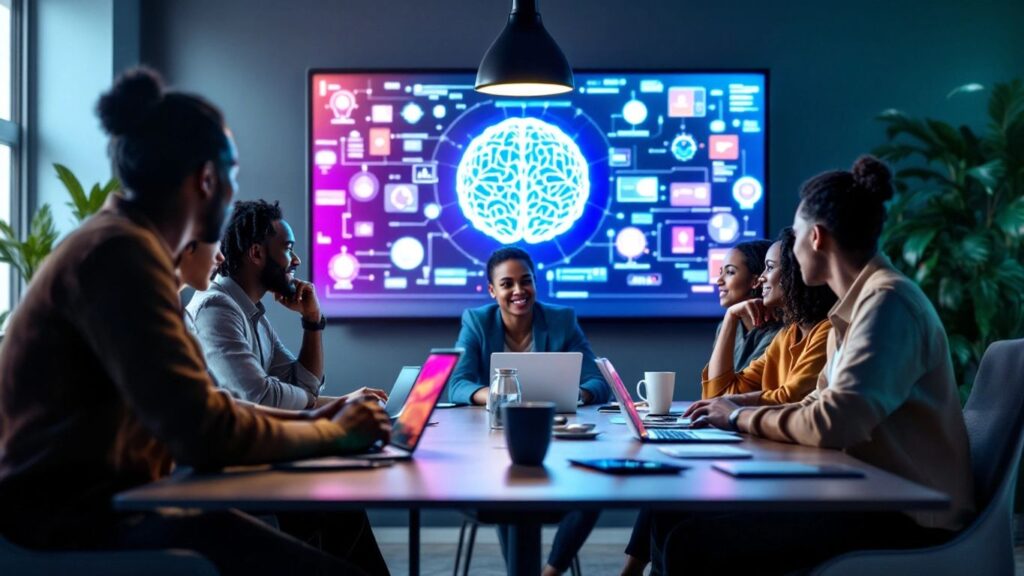 A diverse group of professionals discussing different types of AI in a dark-lit conference room, with a futuristic display of AI visualizations on the screen.