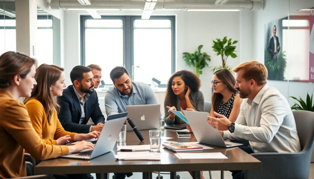 Business professionals discussing strategies in a modern office.