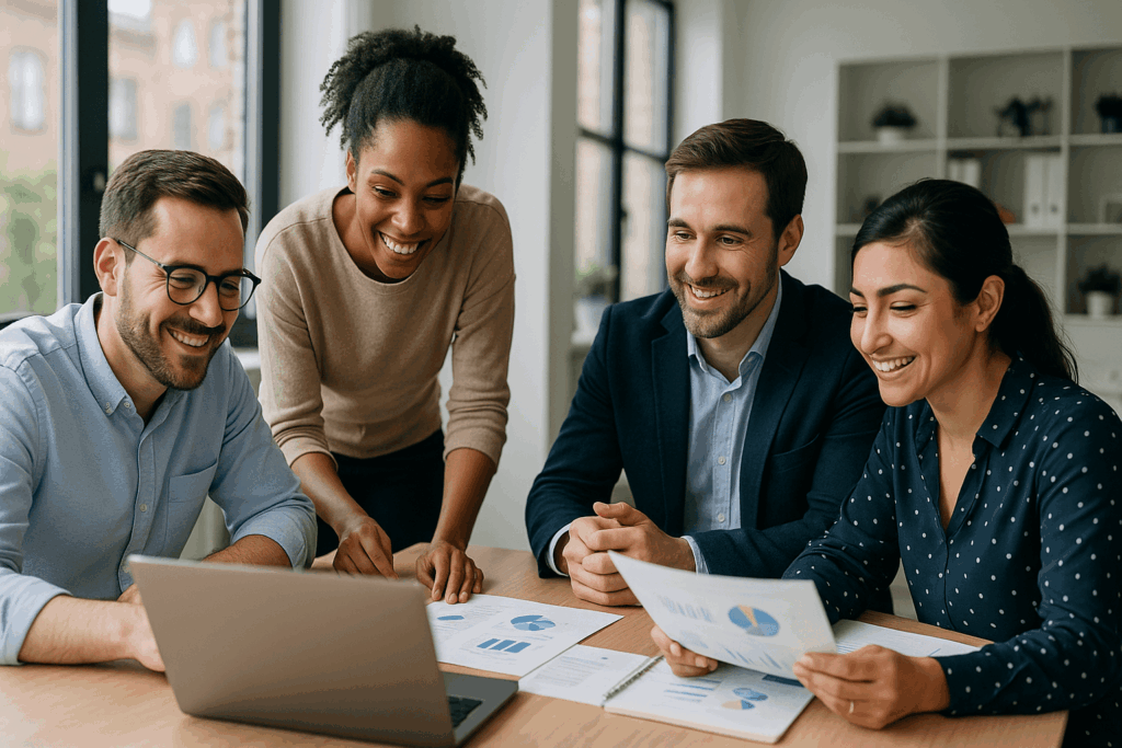 Diverse marketing team collaborating in a bright office setting, representing teamwork and insights from the PPC Geeks November 2024 Newsletter.