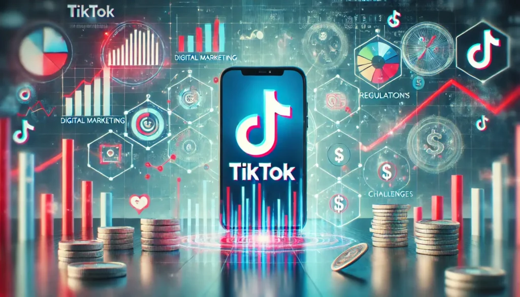 A visual depiction of TikTok advertising strategies, featuring a TikTok-themed phone interface with analytics and ad content, surrounded by digital marketing icons like graphs and coins, emphasising US regulatory challenges with red, white, and blue tones.