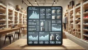 Digital analytics screen in a retail setting, showcasing best and worst performing products.