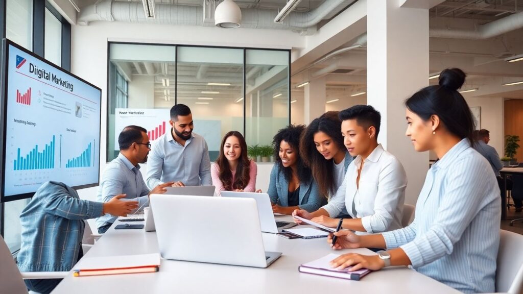 A diverse team brainstorming around laptops, reflecting examples of how UK PPC agencies delivered results through inclusive and innovative approaches.