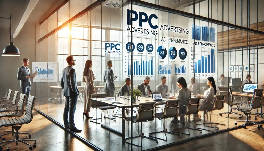 Transparency for UK Businesses illustrated by a clear, glass-walled UK business office, showing professionals analyzing PPC advertising data. This setting symbolizes transparency in campaign management.