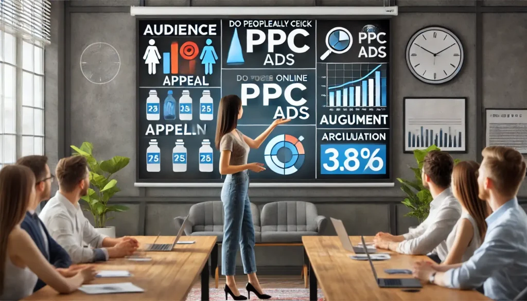 A digital marketer presents the effectiveness of PPC ads, asking Do People Really Click on Online PPC Ads, with data charts and visuals on-screen.