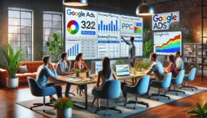 Choosing a PPC agency is easier with the right expertise—this image showcases a team of digital marketing professionals collaborating on Google Ads strategies, highlighting the critical elements of campaign optimisation.