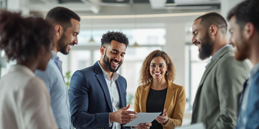 A diverse group of professionals in a modern office environment, engaged in a discussion about setting the right KPIs for business success.