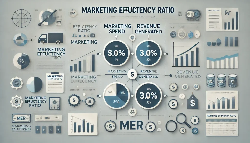 An infographic explaining the Marketing Efficiency Ratio (MER), showing how marketing spend and revenue generated compare to evaluate marketing effectiveness.