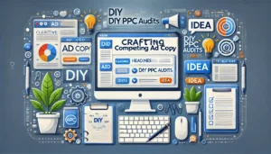 A professional illustration showcasing the creation of ad copy for DIY PPC audits, with a computer screen displaying a dynamic ad interface surrounded by creative tools like a notepad, pen, and idea icons.