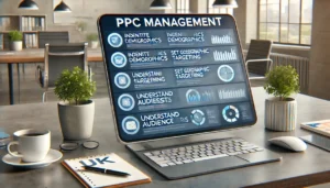 PPC Management Checklist displayed on a digital screen, focusing on audience targeting with items like Identify Demographics, Set Geographic Targeting, and Understand Audience Interests, set in a UK-focused workspace.