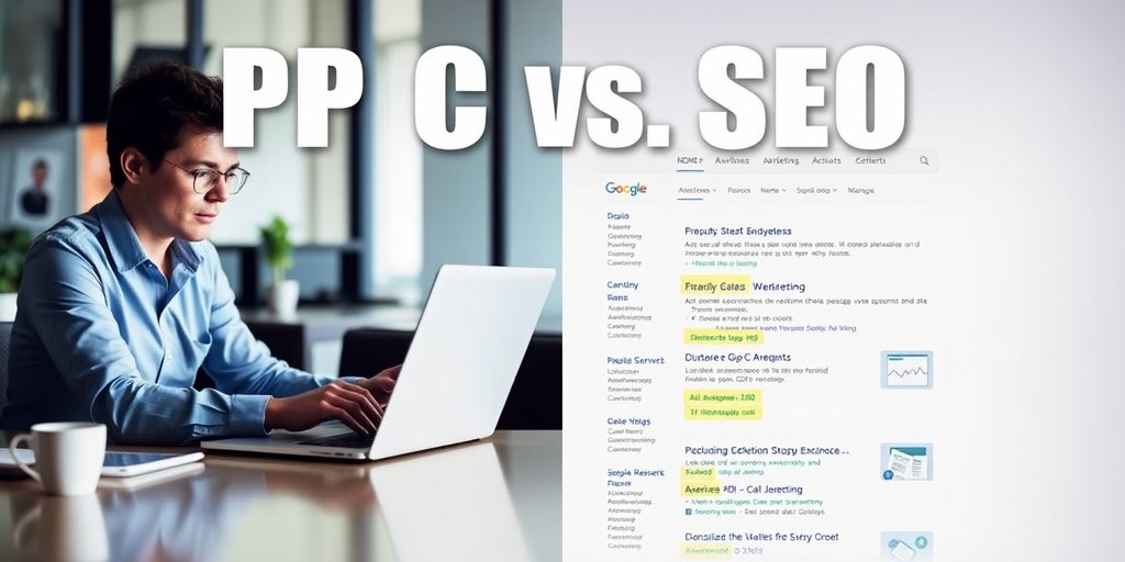 A comparative image featuring a professional working on a laptop on the left side and a Google search results page on the right, illustrating the debate on whether PPC is better than SEO for digital marketing strategies.