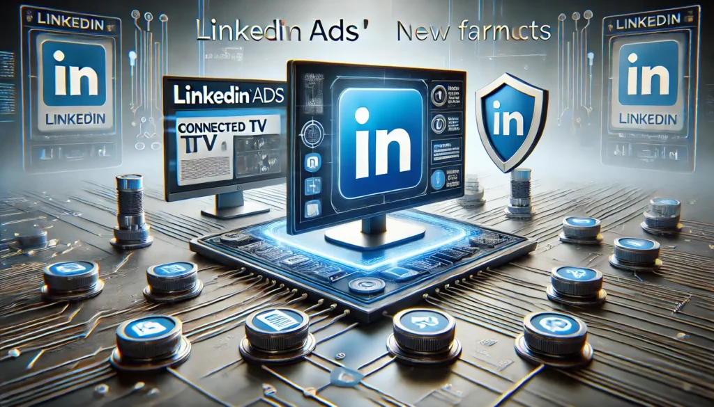 Visual representation of LinkedIn Ads New Formats, featuring icons for Connected TV, Document Ads, and Brand Safety Hub in a sleek, LinkedIn-inspired interface, symbolising LinkedIn's enhanced marketing capabilities.