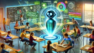 The ChatGPT Revolution: A futuristic classroom where students engage with ChatGPT as an interactive digital assistant, enhancing their learning experience through instant feedback and creative prompts.