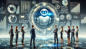 The ChatGPT Revolution: A futuristic business setting where ChatGPT assists professionals in analysing data and market trends, enhancing business intelligence and decision-making.