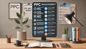 PPC Management Checklist displayed on a large digital screen, listing basics like Understanding PPC, How PPC Works, Keyword Targeting, and Ad Spend, set in a professional UK workspace.