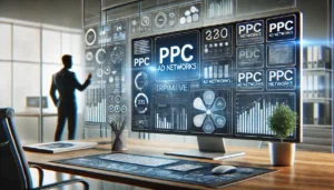 A modern digital marketing setup featuring PPC Ad Networks on a large computer screen, highlighting analytics, metrics, and ad placements. A marketer is actively engaging with the screen, optimizing campaigns to reach target audiences effectively.